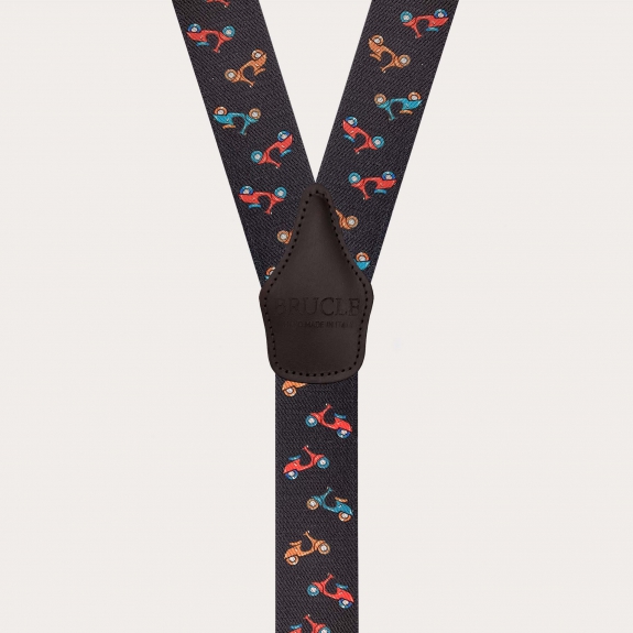 Brown suspenders with clips and scooter pattern