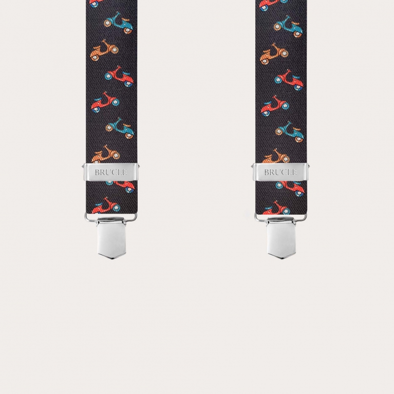 Brown suspenders with clips and scooter pattern