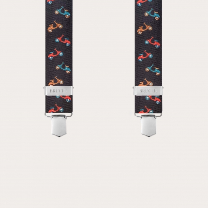 Brown suspenders with clips and scooter pattern