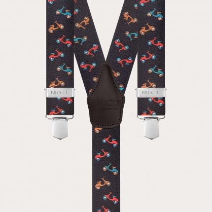 Brown suspenders with clips and scooter pattern