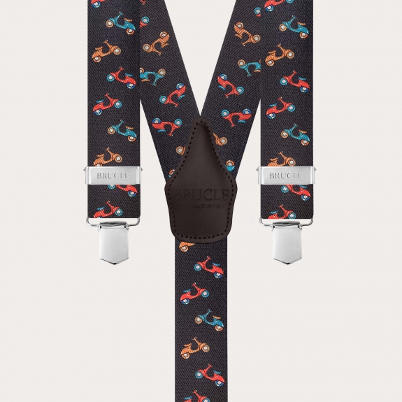 Brown suspenders with clips and scooter pattern