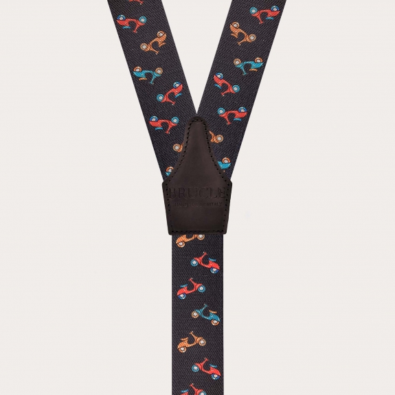 Brown men’s suspenders with buttons or clips, scooter pattern