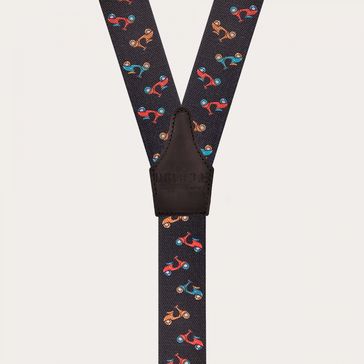 Brown men’s suspenders with buttons or clips, scooter pattern
