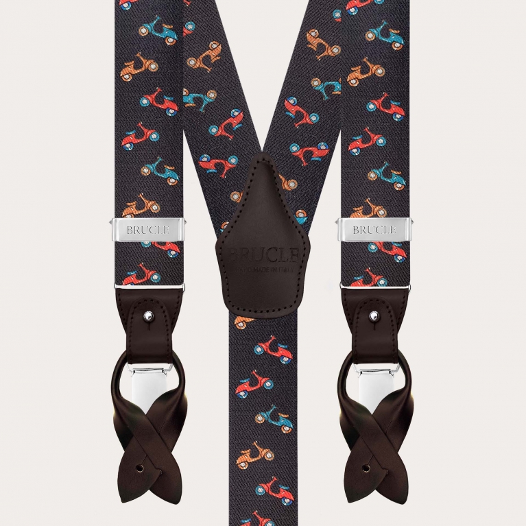 Brown men’s suspenders with buttons or clips, scooter pattern