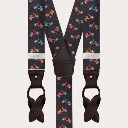 Bretelles homme marron à boutons ou pinces, motif scooters