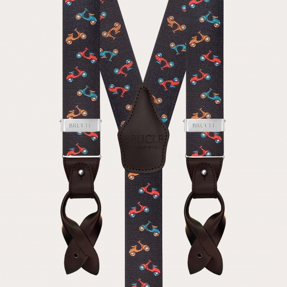 Brown men’s suspenders with buttons or clips, scooter pattern