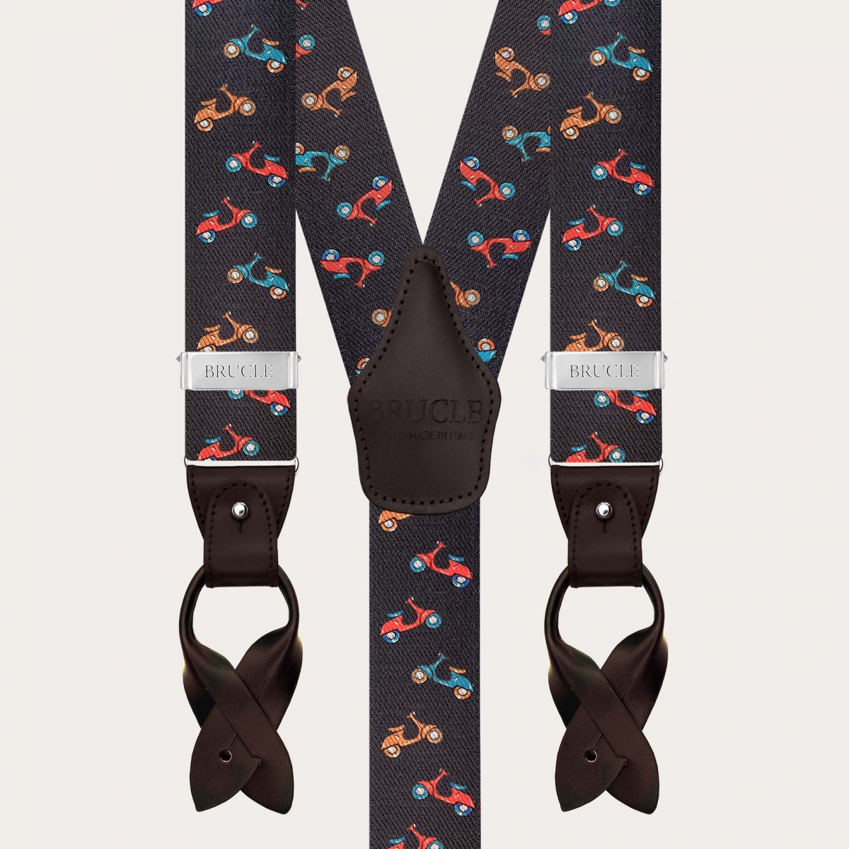 Brown men’s suspenders with buttons or clips, scooter pattern