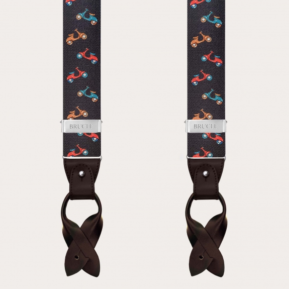Brown men’s suspenders with buttons or clips, scooter pattern