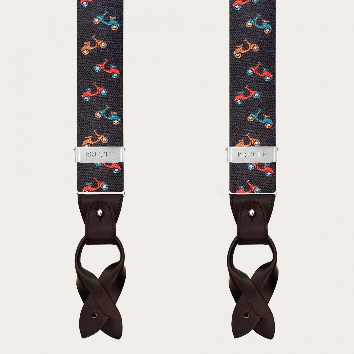Bretelles homme marron à boutons ou pinces, motif scooters