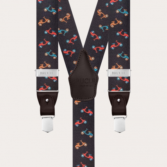 Bretelles homme marron à boutons ou pinces, motif scooters