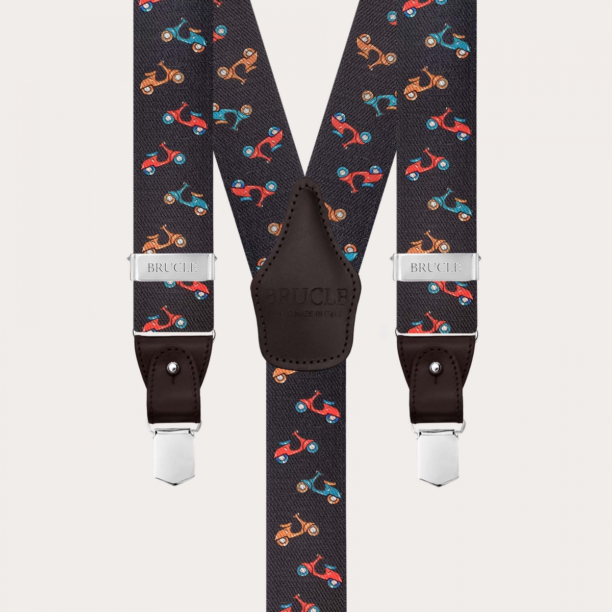 Bretelles homme marron à boutons ou pinces, motif scooters