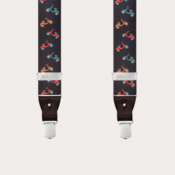 Bretelles homme marron à boutons ou pinces, motif scooters