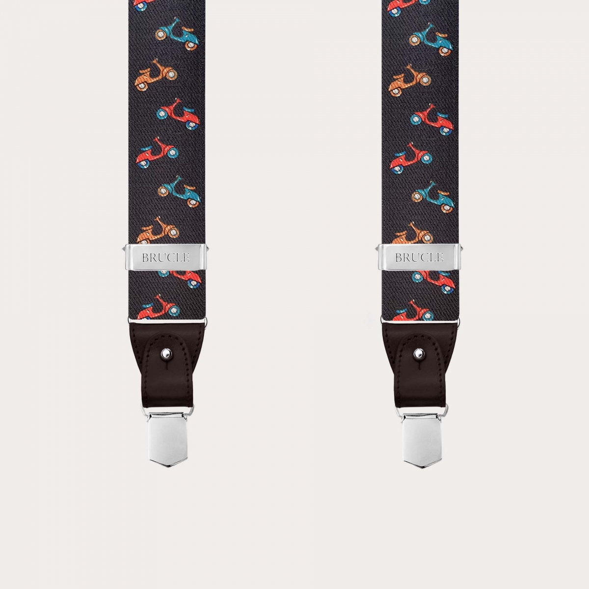 Bretelles homme marron à boutons ou pinces, motif scooters