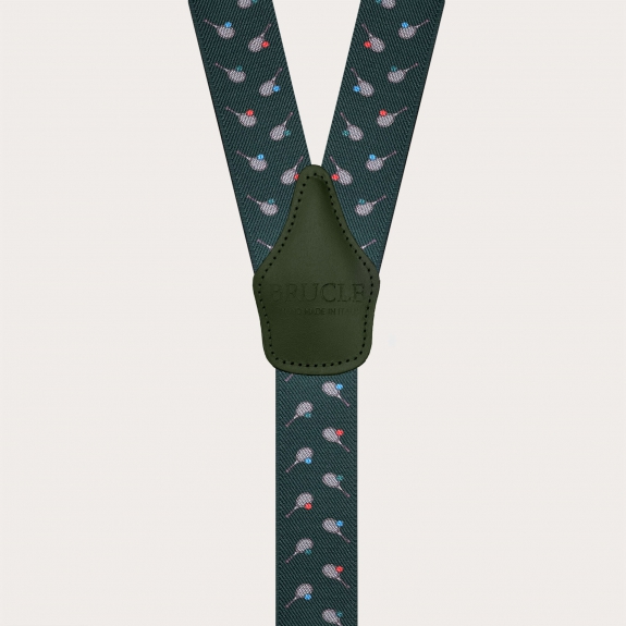 Green Y-back suspenders with tennis-pattern clips