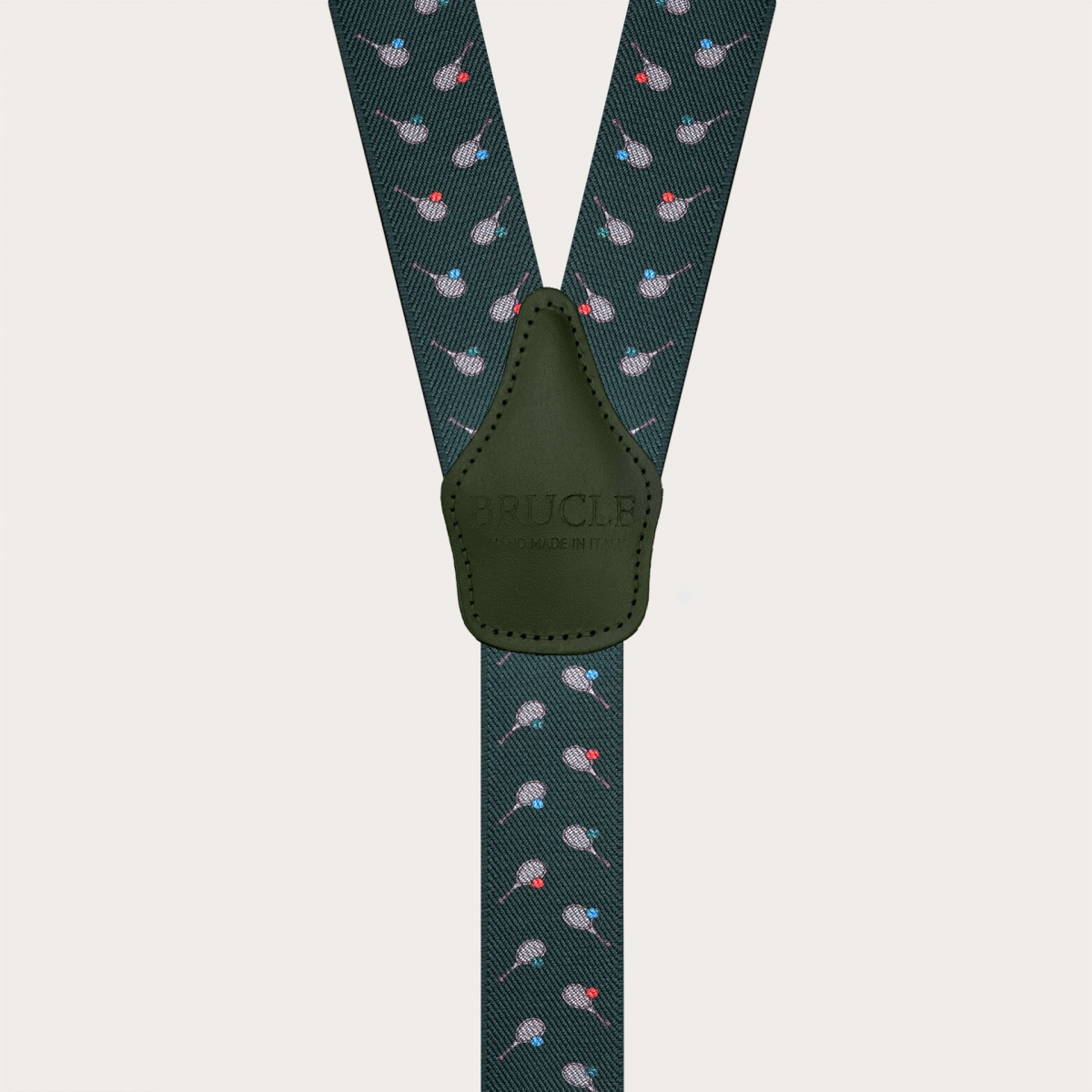 Green Y-back suspenders with tennis-pattern clips