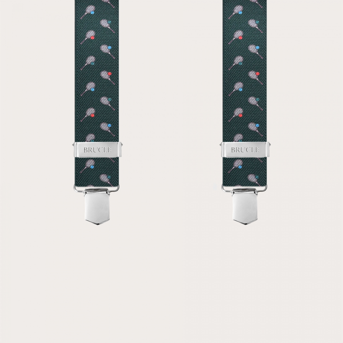 Green Y-back suspenders with tennis-pattern clips