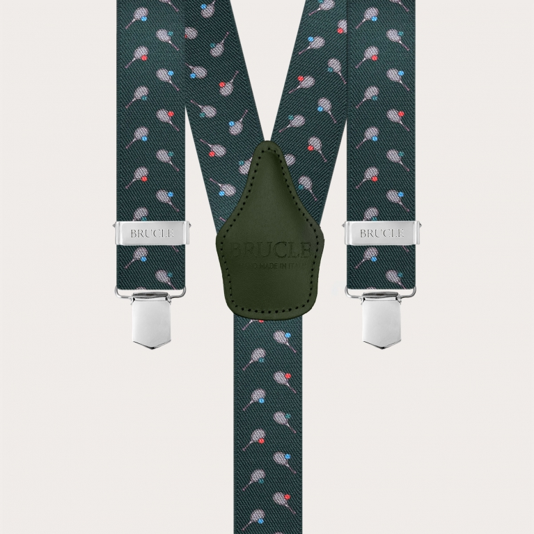 Green Y-back suspenders with tennis-pattern clips