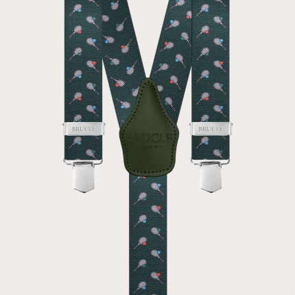 Green Y-back suspenders with tennis-pattern clips