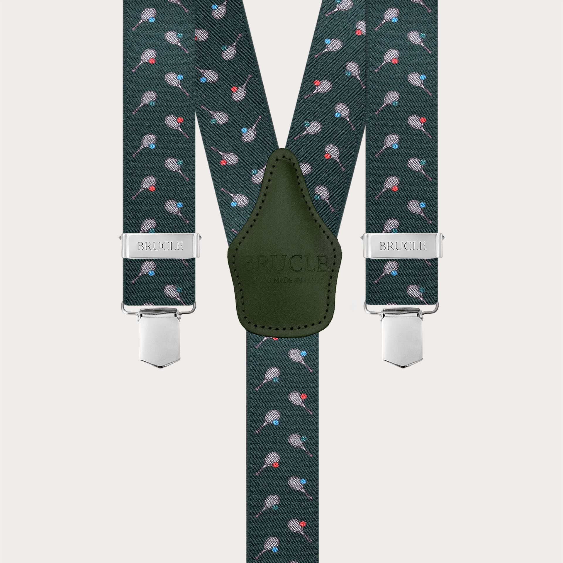 Green Y-back suspenders with tennis-pattern clips