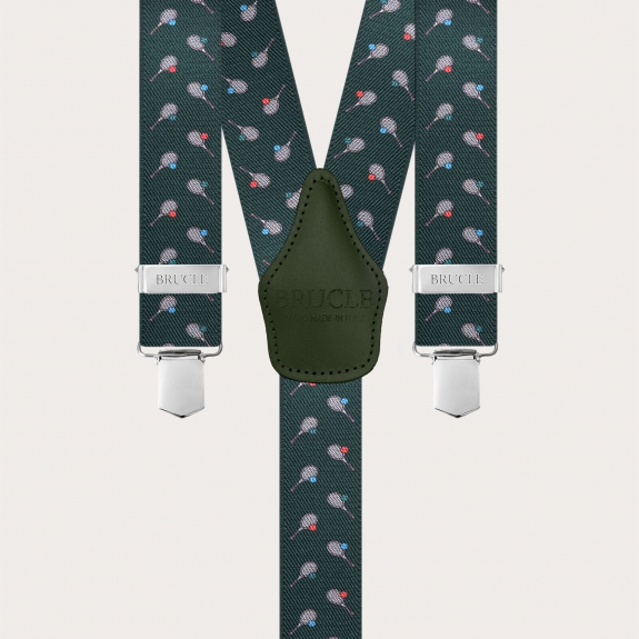 Green Y-back suspenders with tennis-pattern clips
