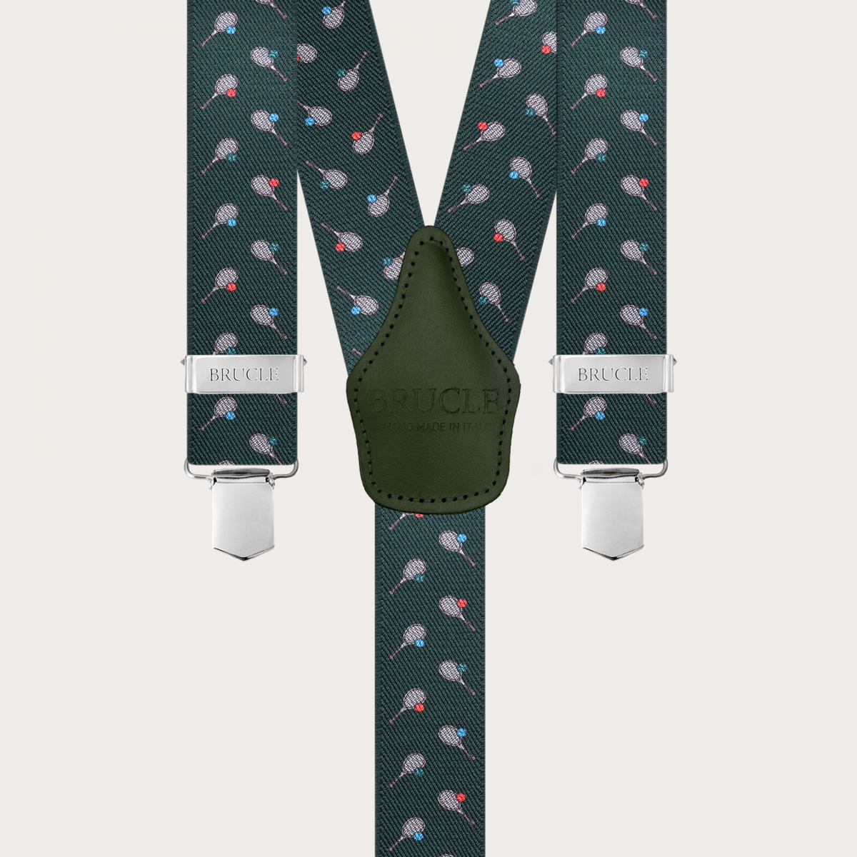 Green Y-back suspenders with tennis-pattern clips