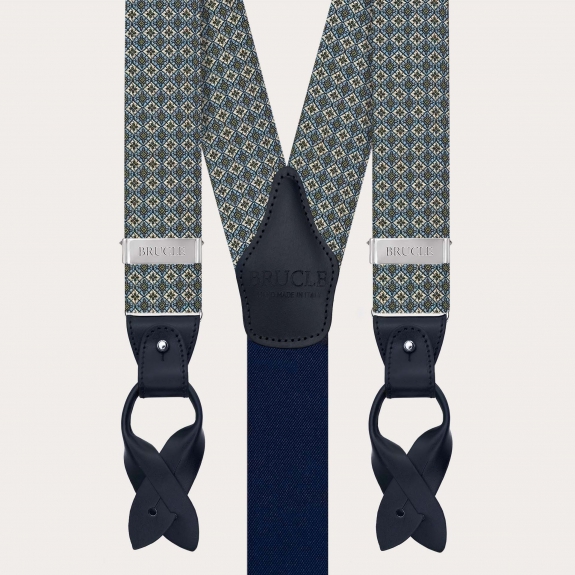 Green jacquard silk suspenders with floral pattern, for clips or buttons