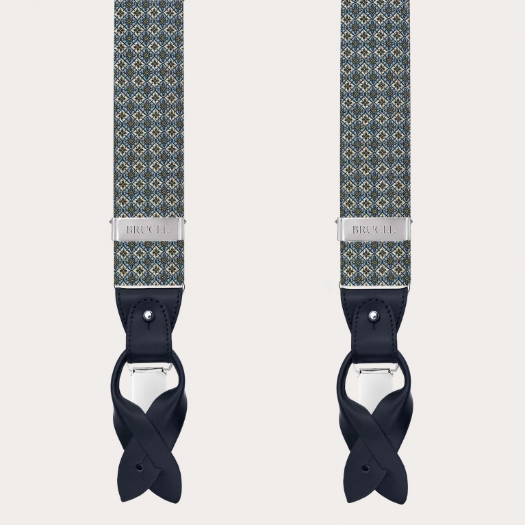 Green jacquard silk suspenders with floral pattern for clips or buttons