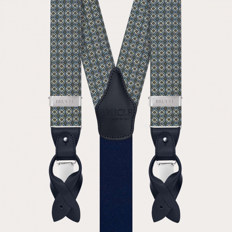 Green jacquard silk suspenders with floral pattern for clips or buttons
