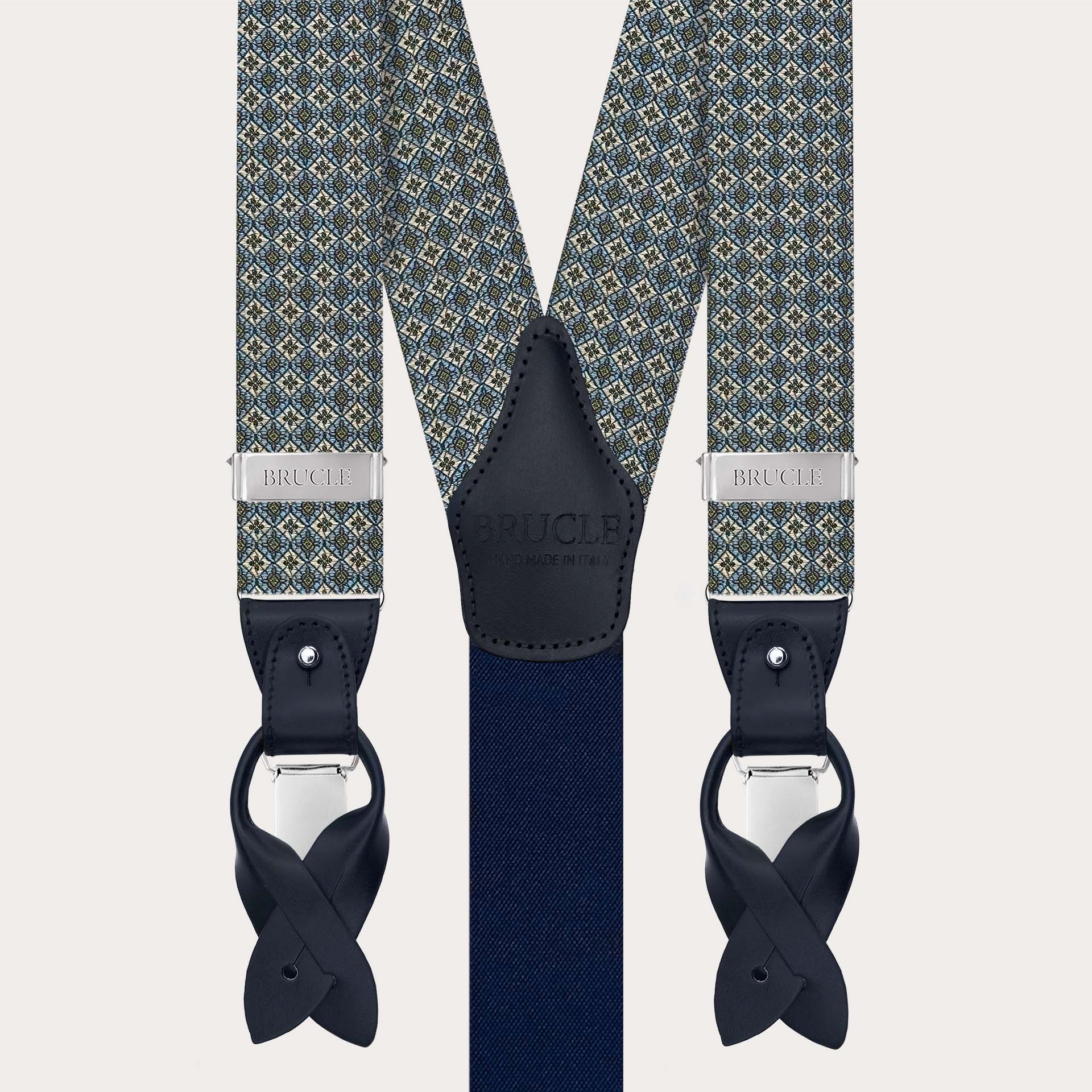 Grüne Hosenträger aus Jacquard-Seide mit Blumenmuster, für Clips oder Knöpfe