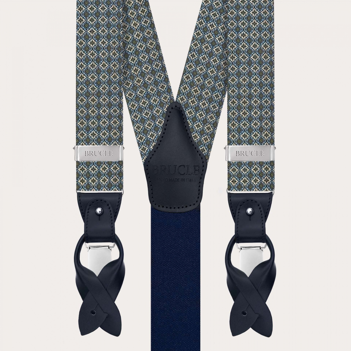 Bretelle verdi a fiori in seta jacquard per clip o bottoni