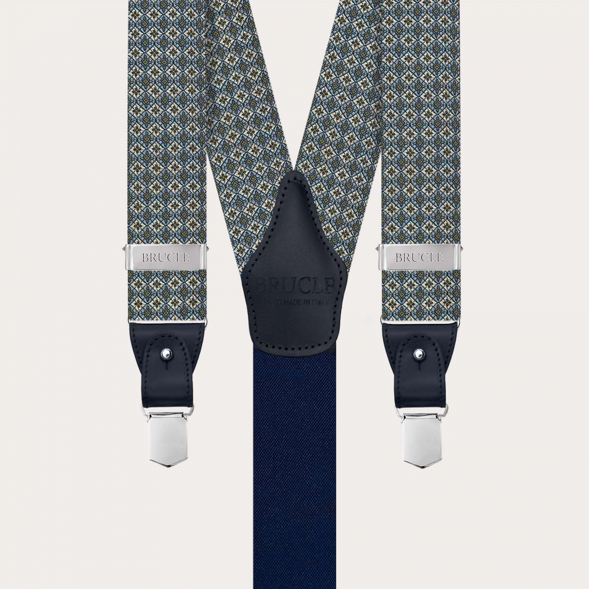 Green jacquard silk suspenders with floral pattern, for clips or buttons