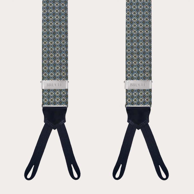 Green jacquard silk suspenders with floral pattern and button loops
