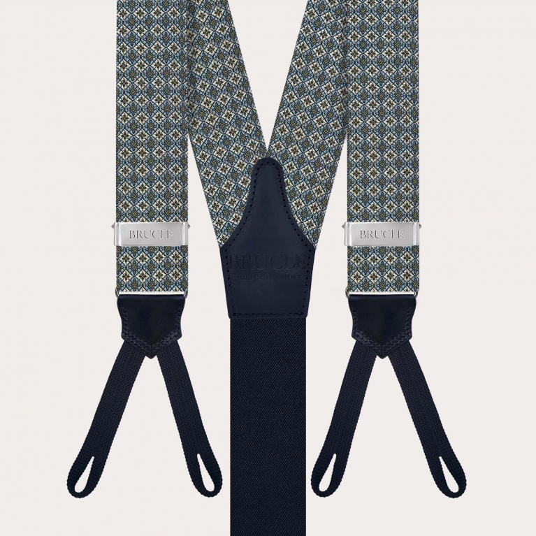 Green jacquard silk suspenders with floral pattern and button loops