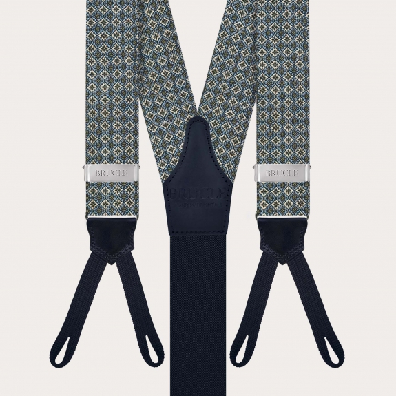 Green jacquard silk suspenders with floral pattern and button loops