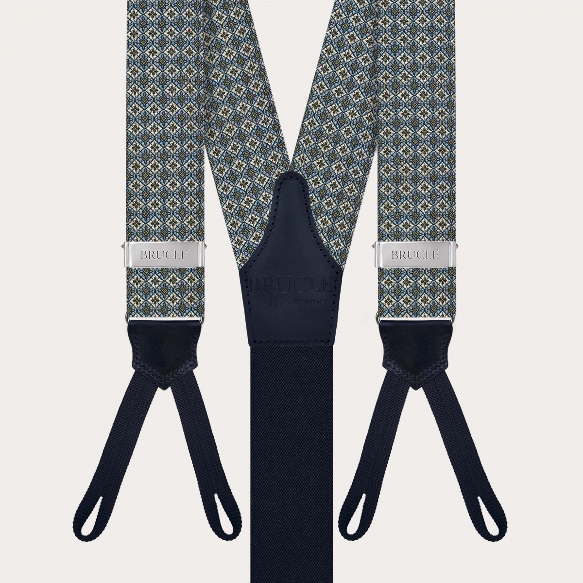 Tirantes verdes de seda jacquard con motivo floral y ojales para botones