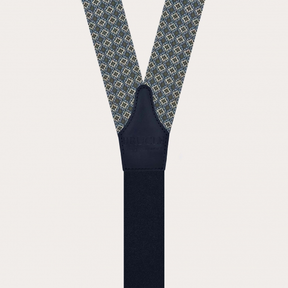 Green jacquard silk suspenders with floral pattern and button loops