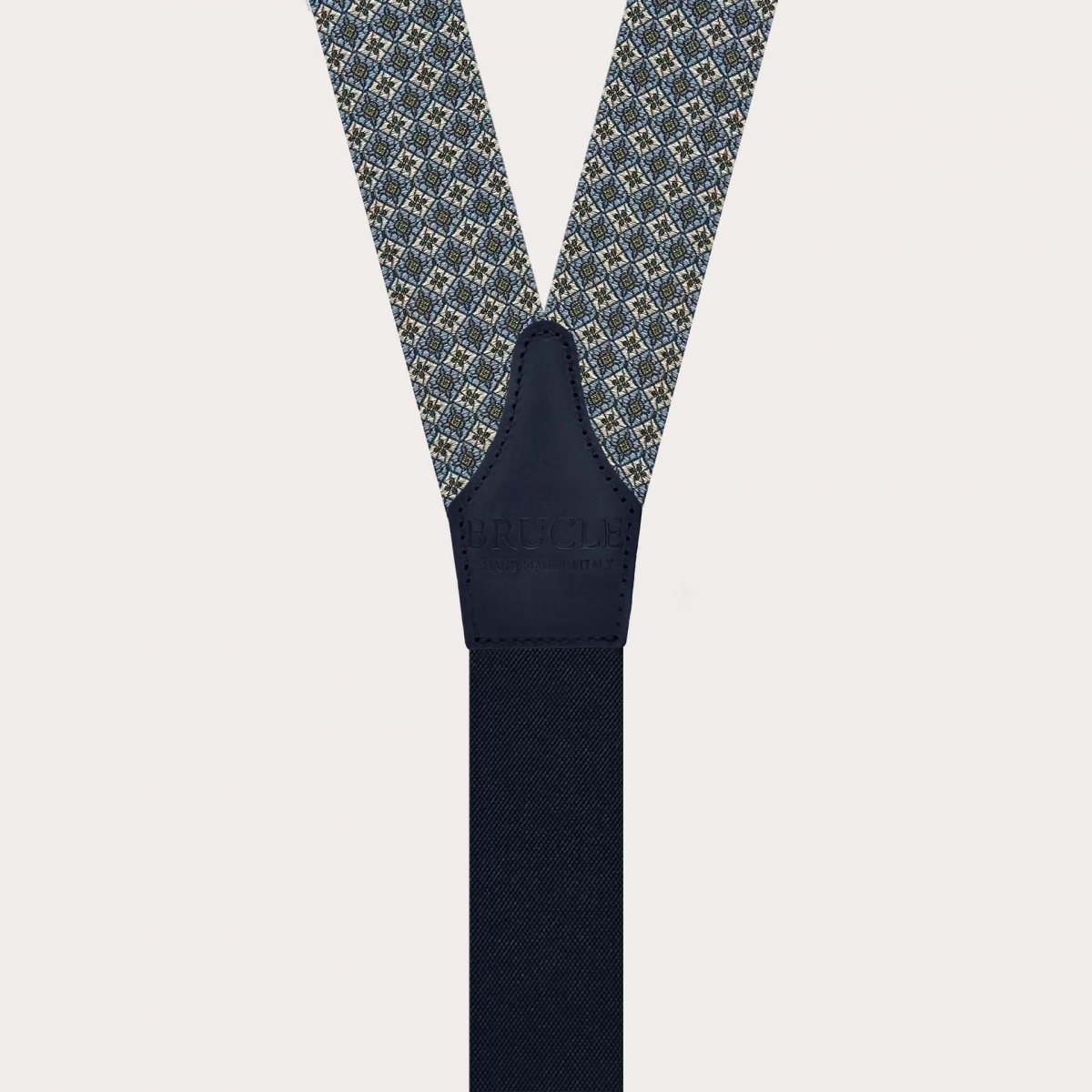 Green jacquard silk suspenders with floral pattern and button loops