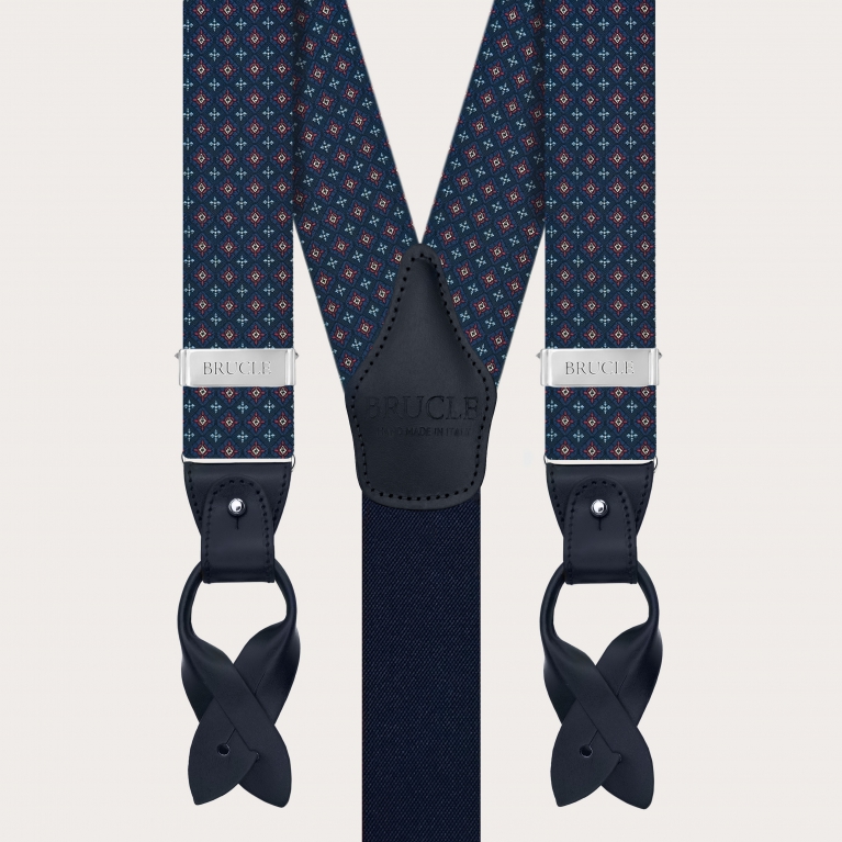 Blaue Herren-Seidenhosenträger mit Blumenmuster für Knöpfe oder Clips