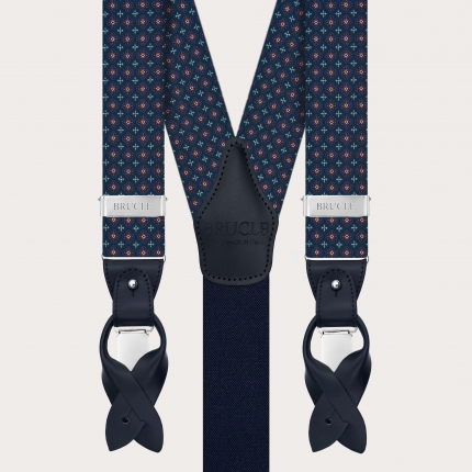 Men’s blue silk suspenders with floral pattern for buttons or clips
