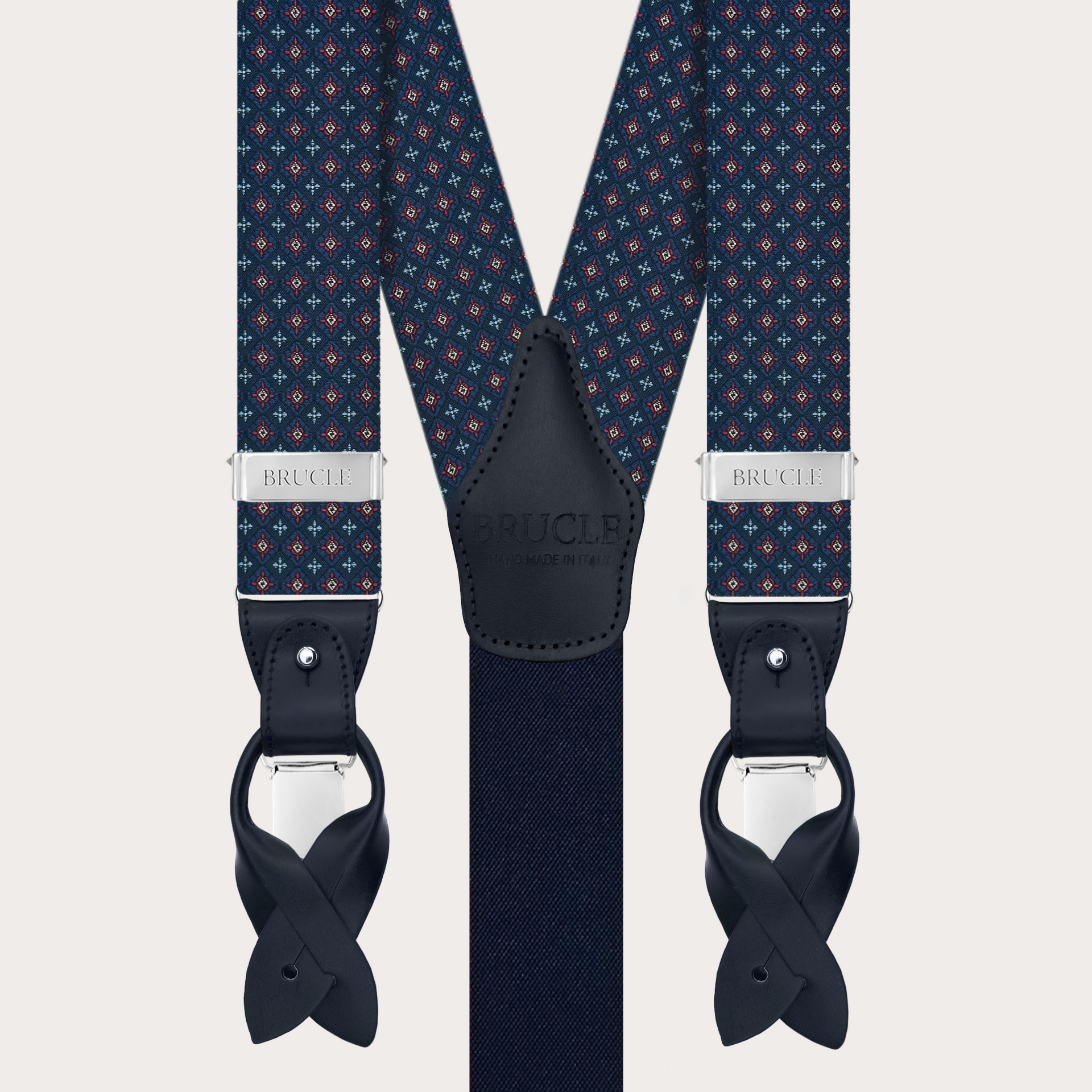 Bretelle uomo in seta blu a fiori per bottoni o clip