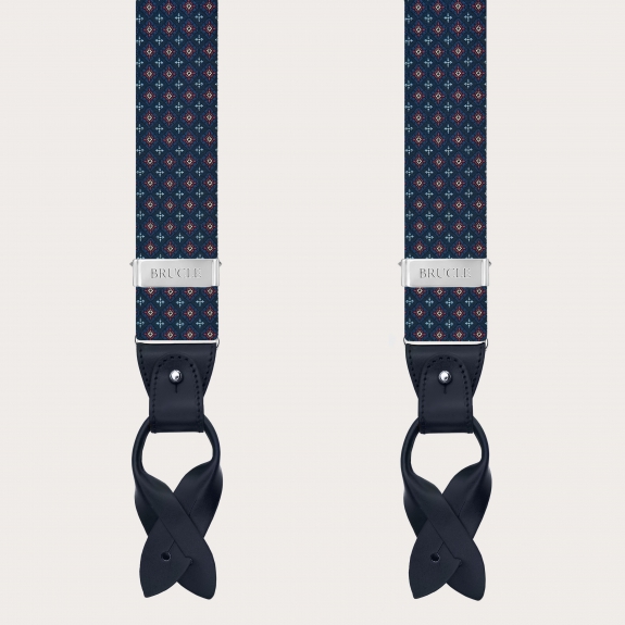 Men’s blue silk suspenders with floral pattern for buttons or clips