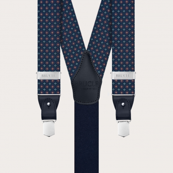 Blaue Herren-Seidenhosenträger mit Blumenmuster für Knöpfe oder Clips