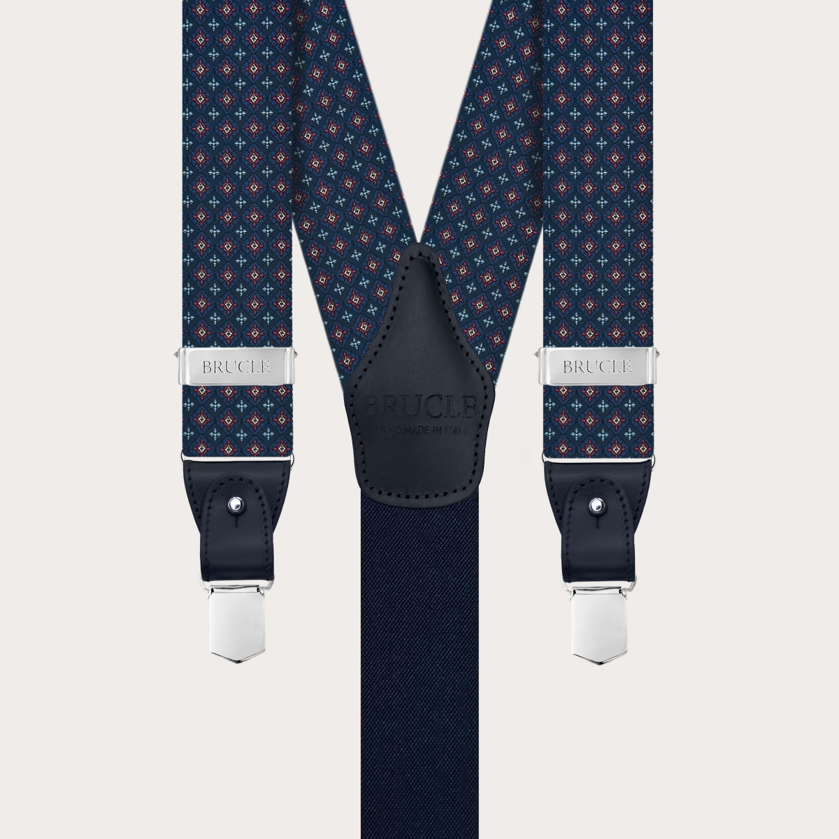 Men’s blue silk suspenders with floral pattern for buttons or clips