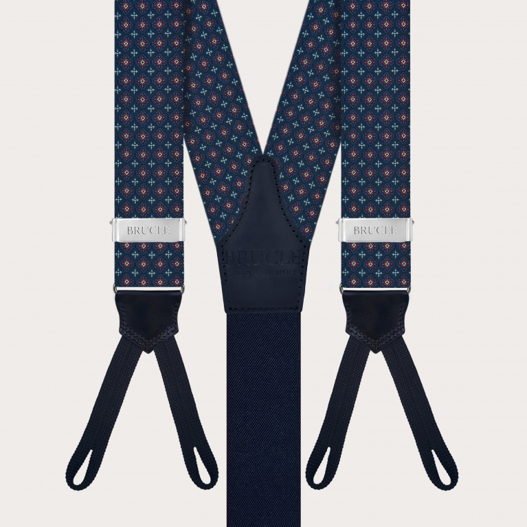 Bretelle in seta blu micro fantasia a fiori con asole per bottoni