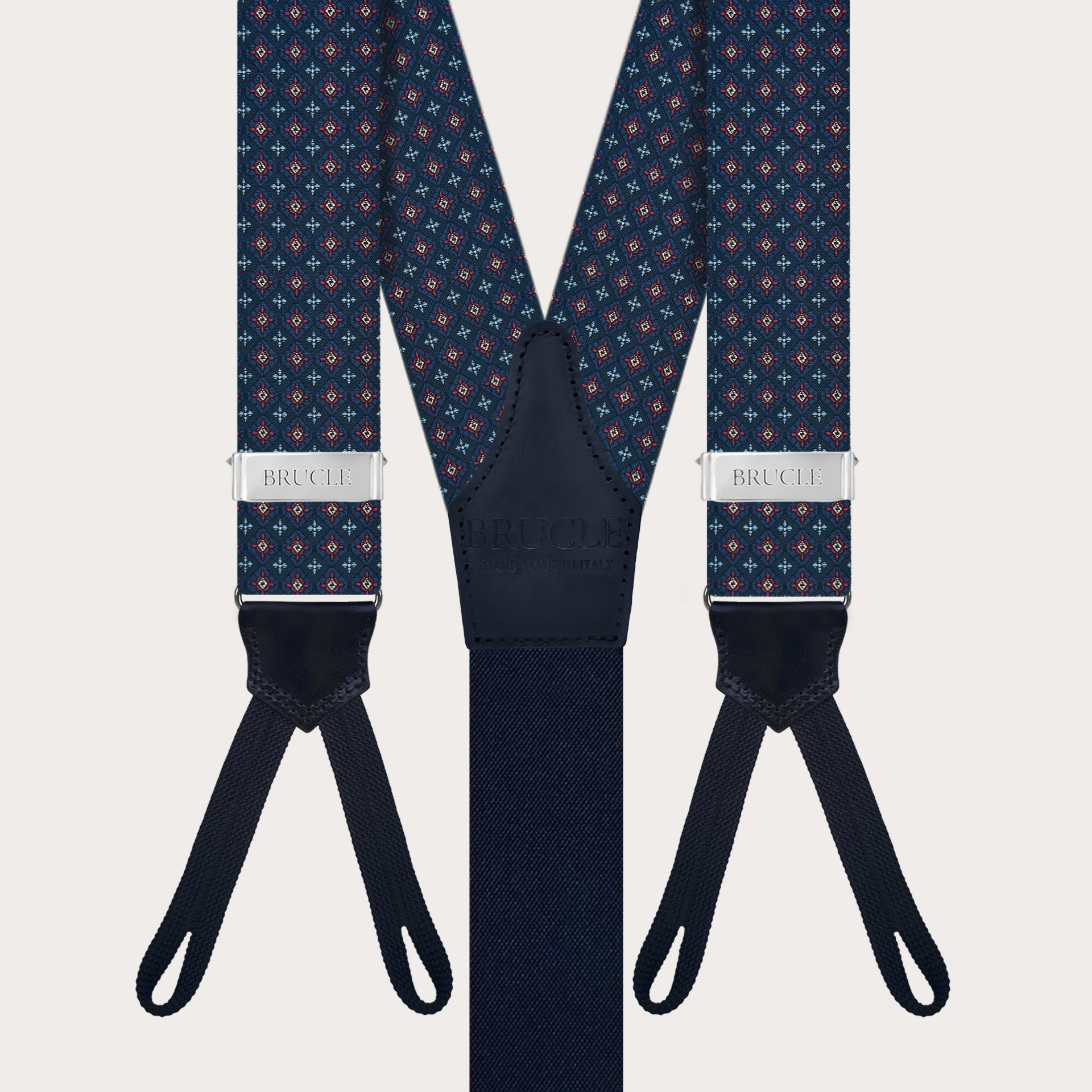 Suspenders in blue floral silk with buttonholes