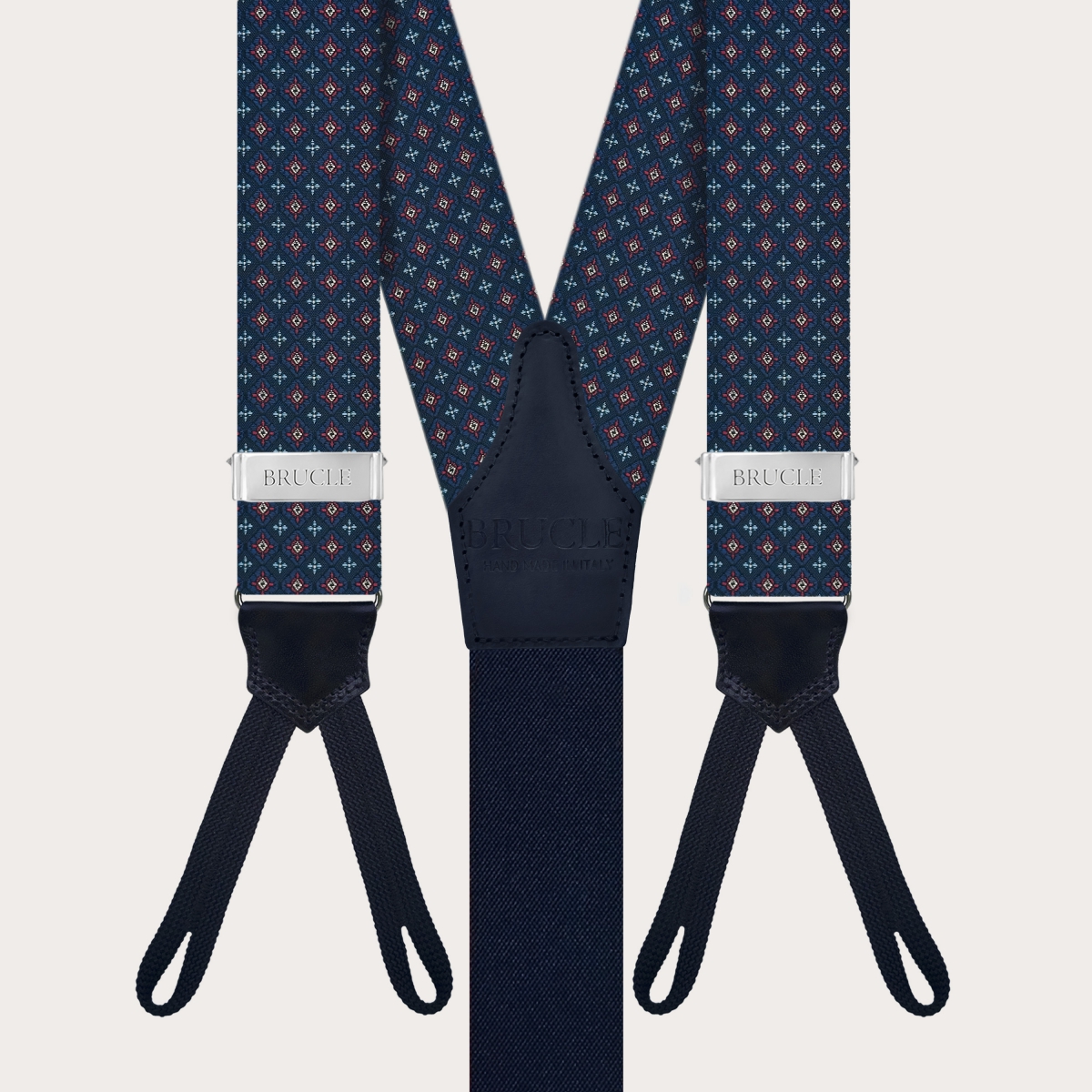 Suspenders in blue floral silk with buttonholes