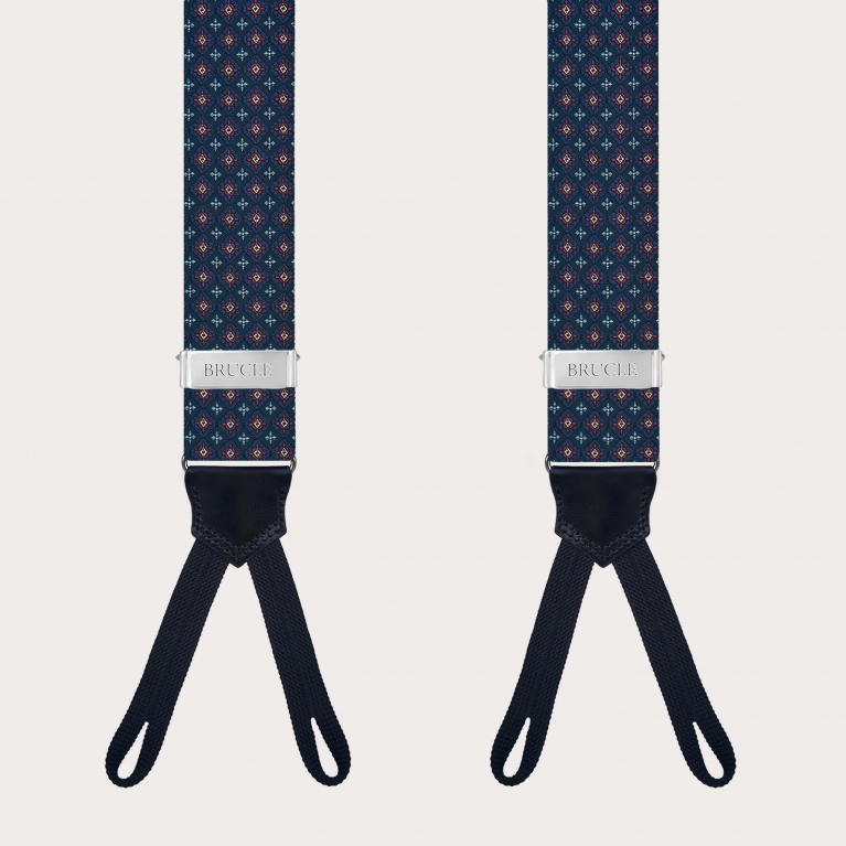 Suspenders in blue floral silk with buttonholes