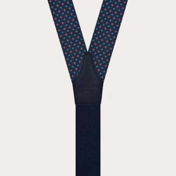 Bretelle in seta blu micro fantasia a fiori con asole per bottoni