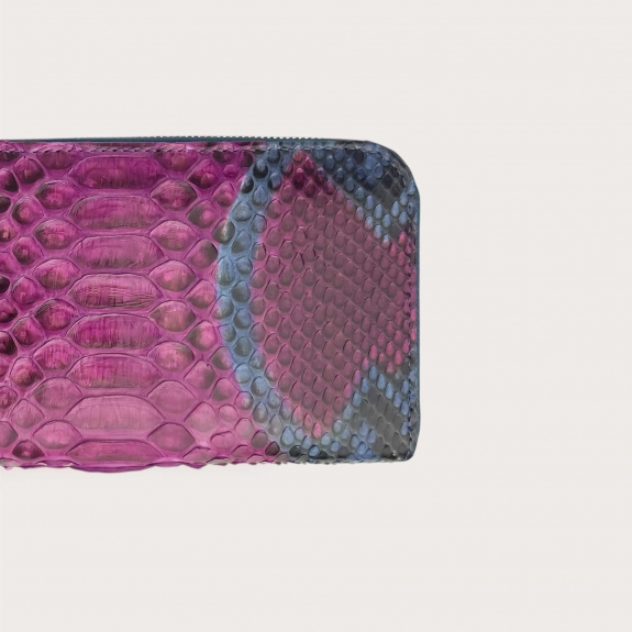 Portefeuille femme en python fuchsia et pétrole