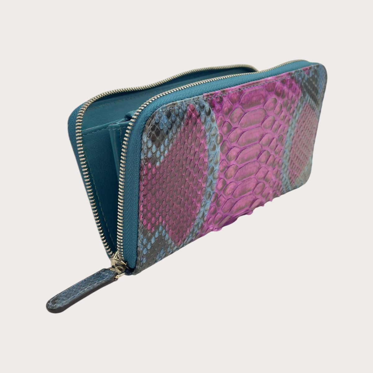 Portefeuille femme en python fuchsia et pétrole
